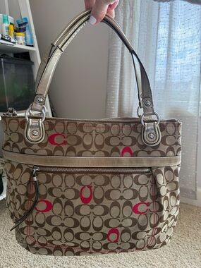 Coach POPPY Khaki Signature Canvas Shoulder Bag with Pink Logo Accents